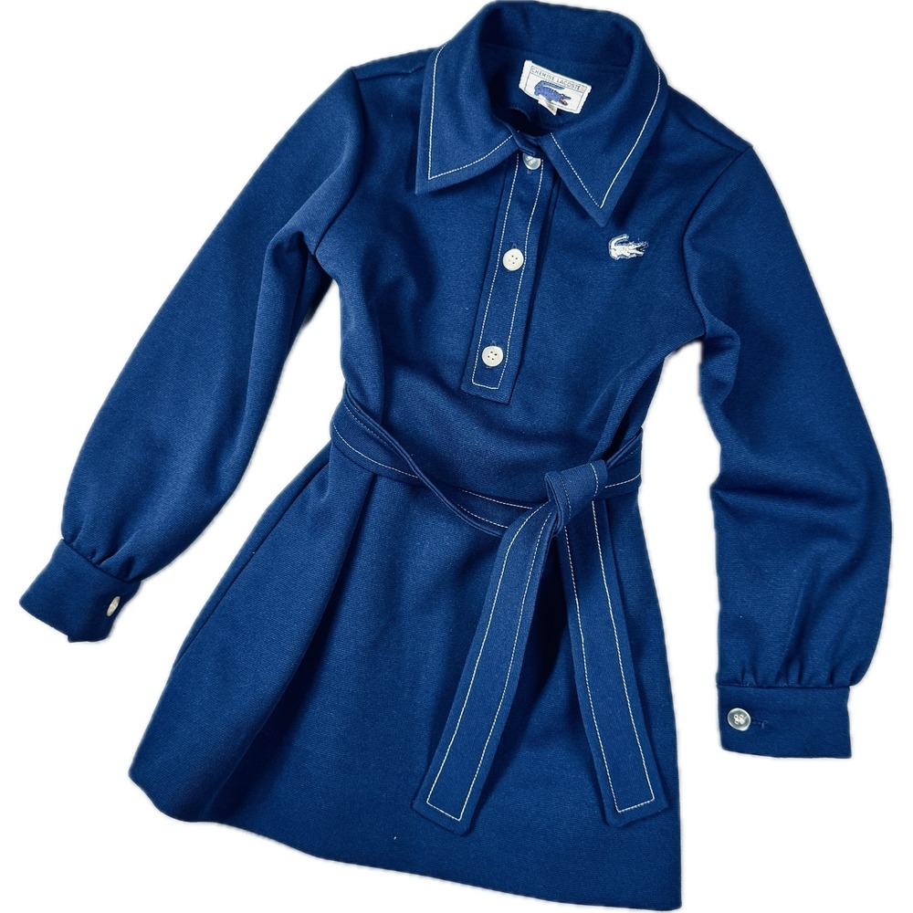 Vintage 1970s Lacoste Chemise Dress Girls Size 6 Blue Long Sleeve Belted Polo